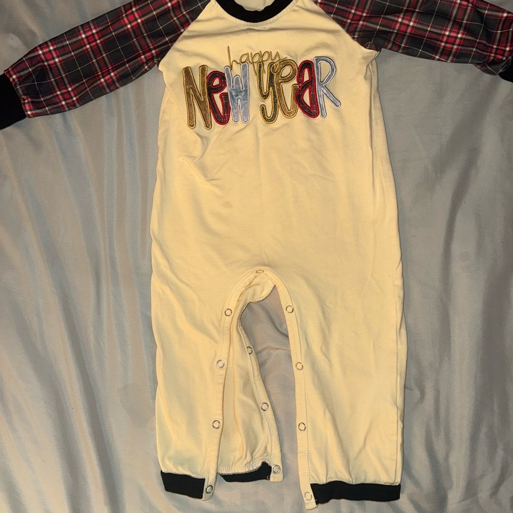 Plaid Sleeve Happy New Year Bodysuit